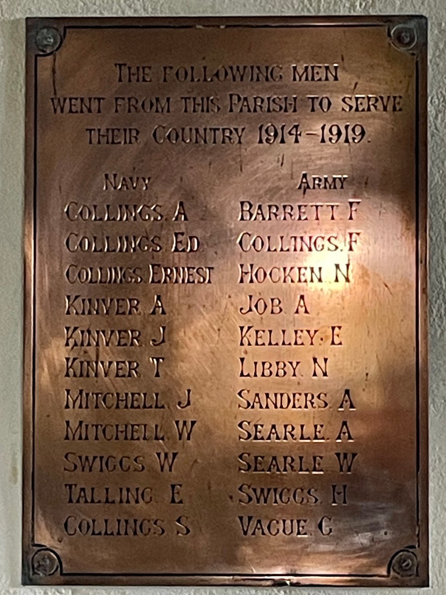 WWI War Memorial 614    Barrett. Collings. Hocken. Job. Kelley. Kinver. Libby. Mitchell. Sanders. Searle. Swiggs. Talling.&nbsp;Vague.